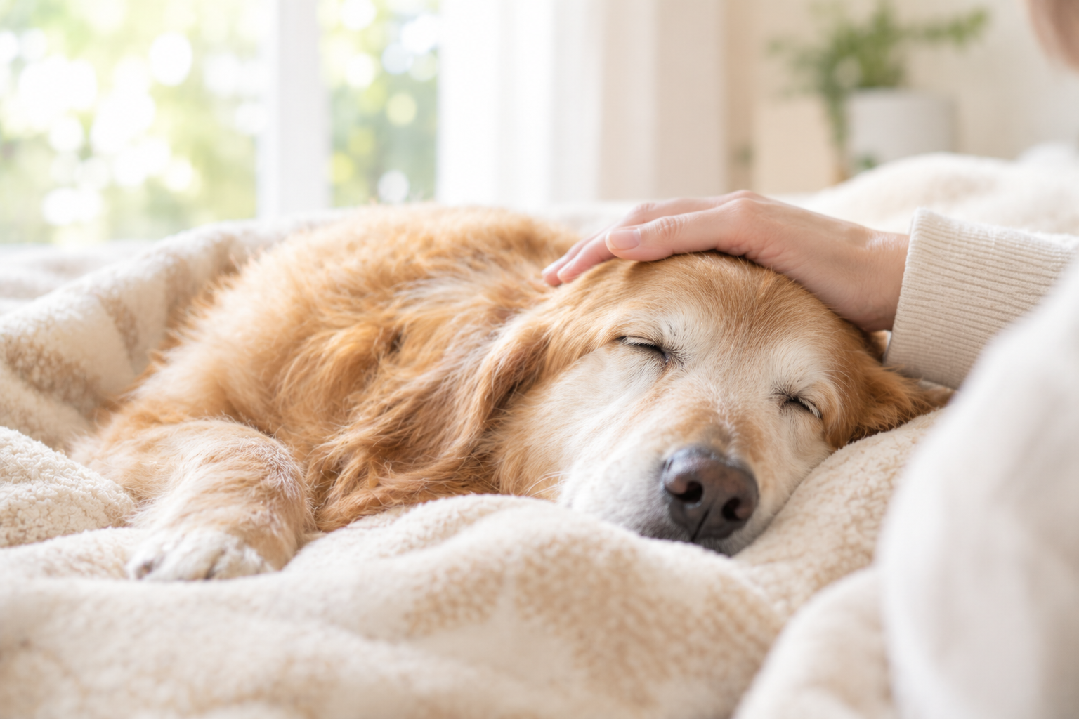 最期の時間を過ごす老犬と飼い主